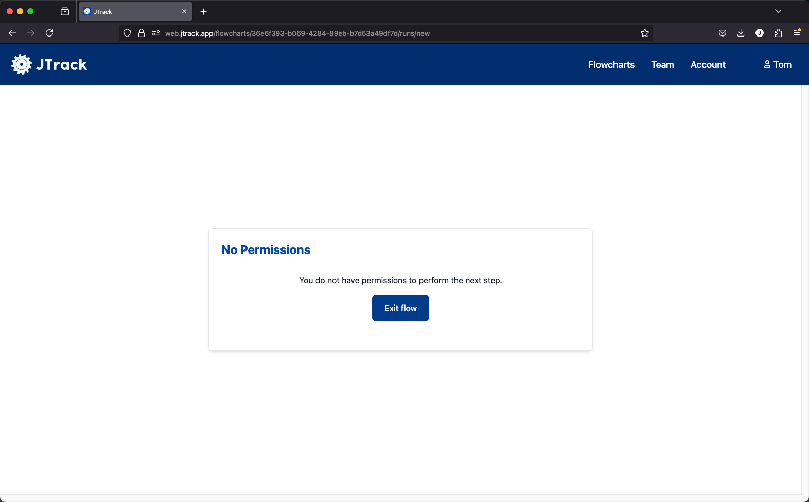 A user with no permissions to a step in JTrack