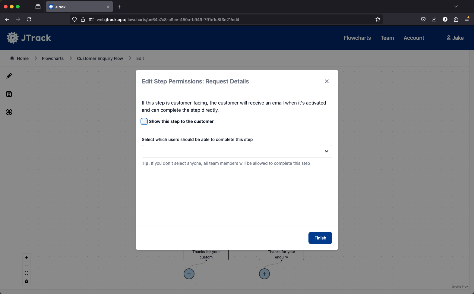 Setting up permissions for a step in JTrack