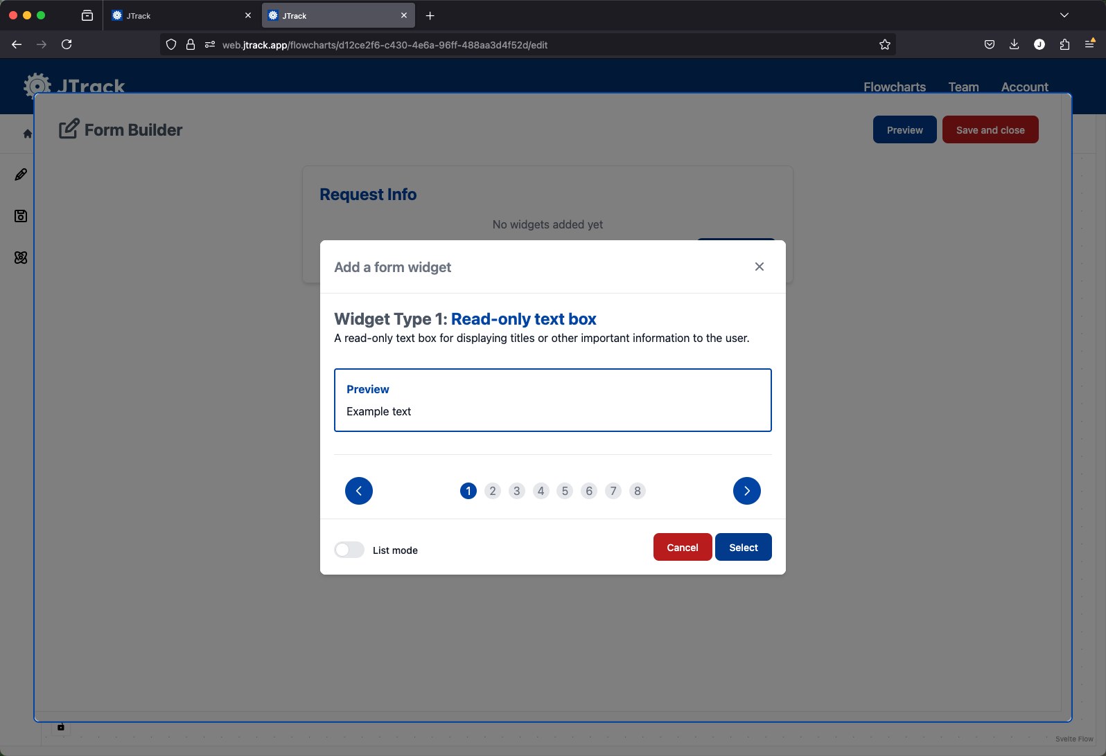 A view showing the different field types available in the form builder