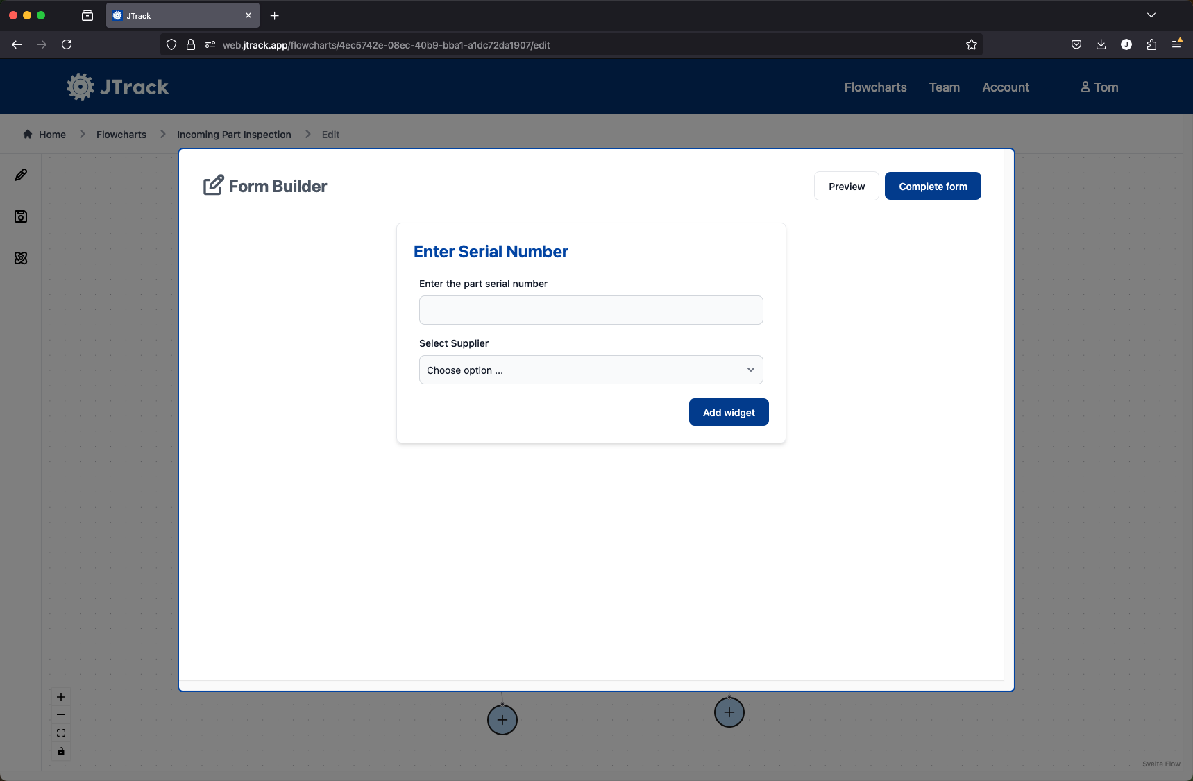 Sarah's customisable form for incoming part inspection