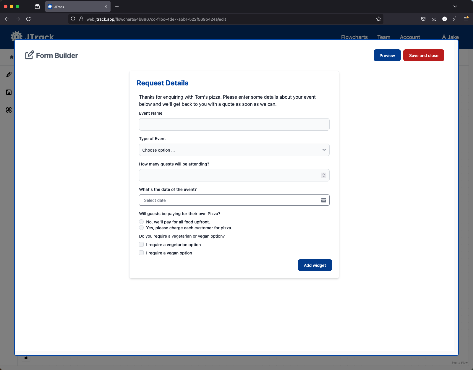 Tom's custom form for collecting information for quotes.
